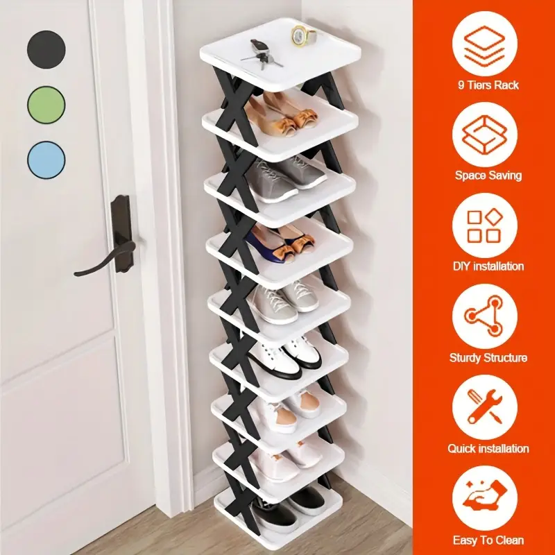 9/6 Tier Shoe Rack, Can Hold 9 Pairs Of Shoes, Space-saving Vertical Shoe Rack, Tall And Narrow Shoe Rack For Entryway, Closet, Hallway, Bathroom, Dormitory, Plastic Stackable Shoe Rack, Easy To Assemble, Black/blue/green/black And White/gray