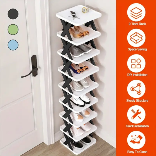9/6 Tier Shoe Rack, Can Hold 9 Pairs Of Shoes, Space-saving Vertical Shoe Rack, Tall And Narrow Shoe Rack For Entryway, Closet, Hallway, Bathroom, Dormitory, Plastic Stackable Shoe Rack, Easy To Assemble, Black/blue/green/black And White/gray