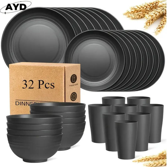 32/16pcs Wheat Straw Large Size Dinnerware Set, Service For 8/4, Kitchen Accessories, Unbreakable Modern Dish Set-Plate/Dessert Plate/Bowl/Cup