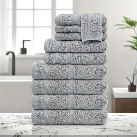 10pcs Bath Towel Set, 4pcs Bath Towels&2pcs Hand Towels&4pcs Washcloths, Solid Color, Cotton Towels, Absorbent, Quick-drying
