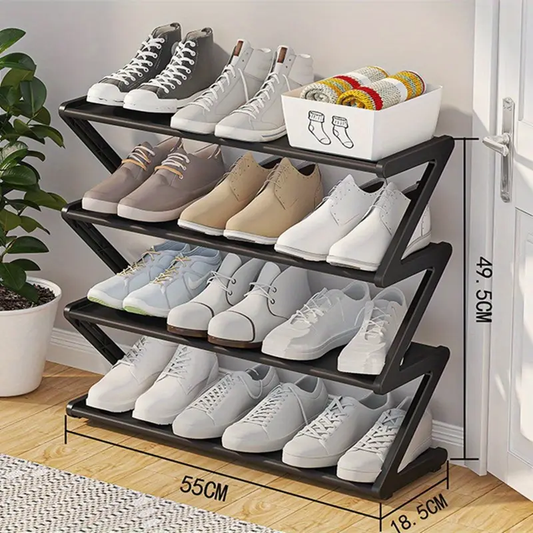 1pc 4-Tier Large Size Z-Shaped Shoe Rack, Easy Assembly No Tools Required, Pink Plastic Stackable Storage Organizer for Home, Dorm, and Living Room, Space-Saving Floor Design, Shoe Storage Organizer
