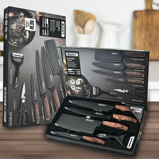 Professional 1/6 Kitchen Knife Set, Chef's Knife, Slicing Knife, Scraper And Scissors, High Carbon Stainless Steel Super Sharp, with Anti-stick Ergonomic Wooden Handle, Chef's Knife Set, Suitable for Family Travel, Gift Box Set