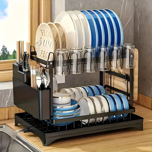 2 Tier Dish Drying Rack For Kitchen Counter, Dish Drainers For Kitchen Counter With Drainboard, Metal Kitchen Dish Rack With Drain, Kitchen Drying Rack Two Tier,